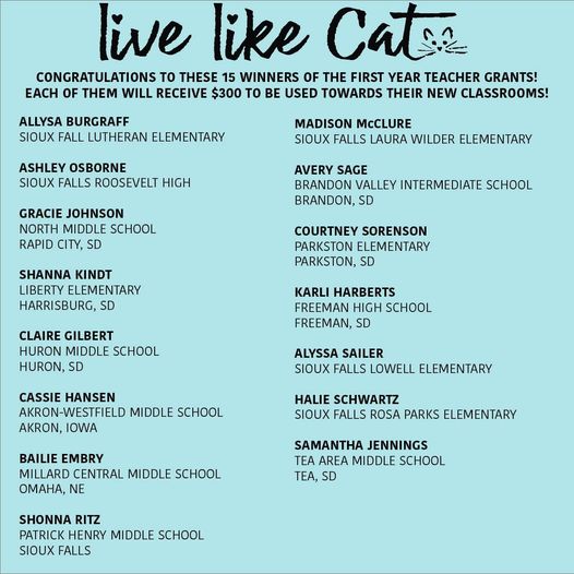 Live Like Cat First Year Teacher Grant 2022 list of winners