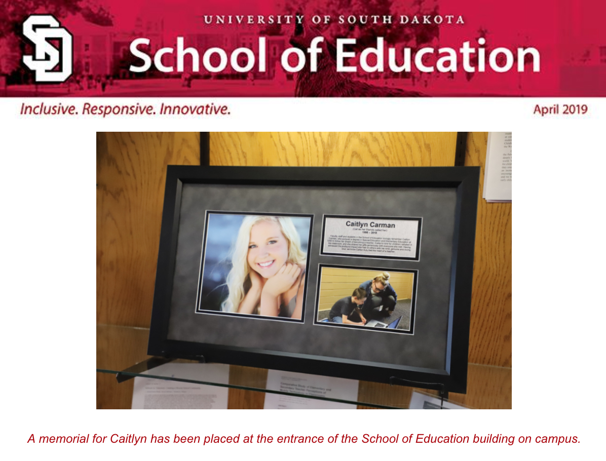 University of South Dakota Newsletter article for Caitlyn Carman