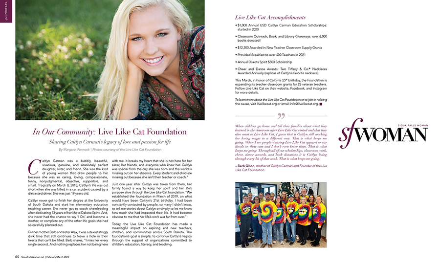The Live Like Cat organization article in the Sioux Falls Woman Magazine