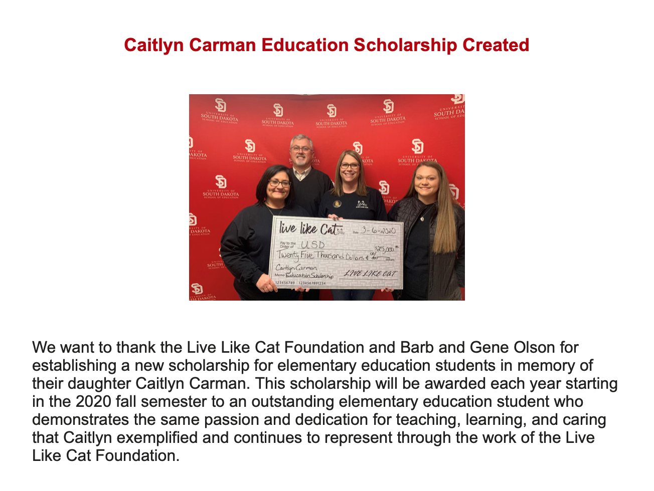 USD Caitlyn Carman Education Scholarship